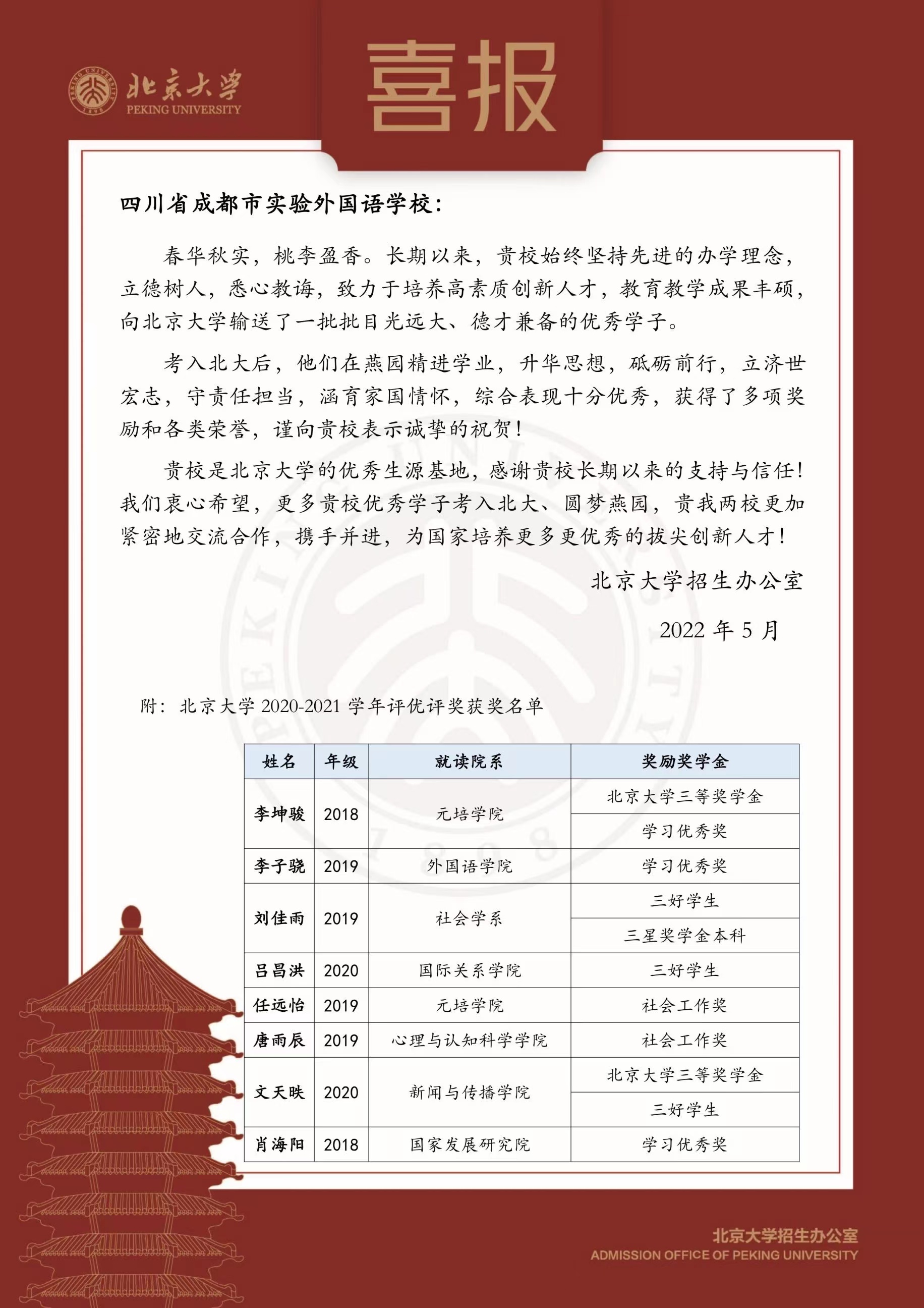 北京大學向我校發(fā)來喜報！