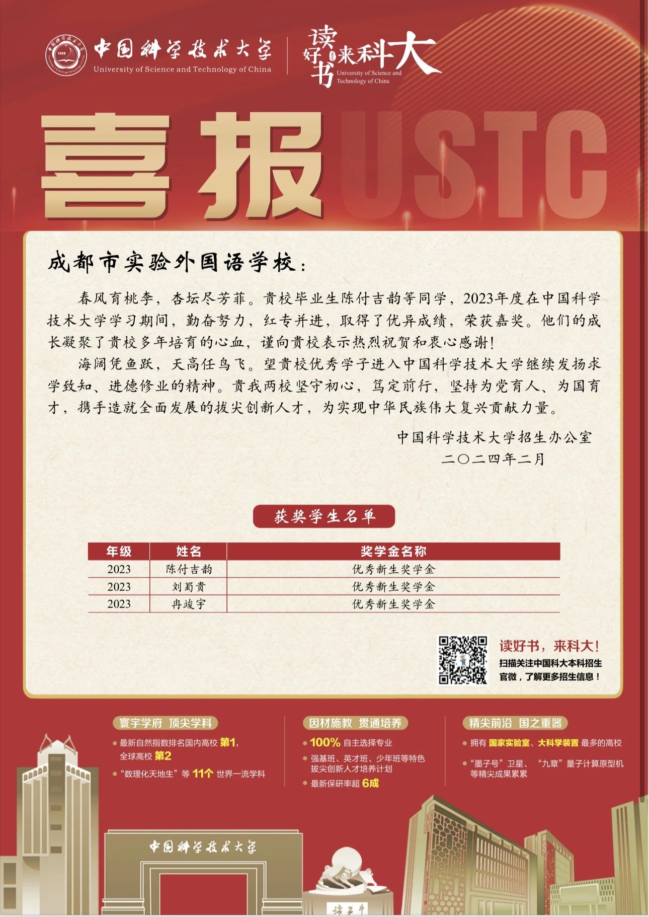 喜報 | 8人次獲得中國科學技術(shù)大學獎學金